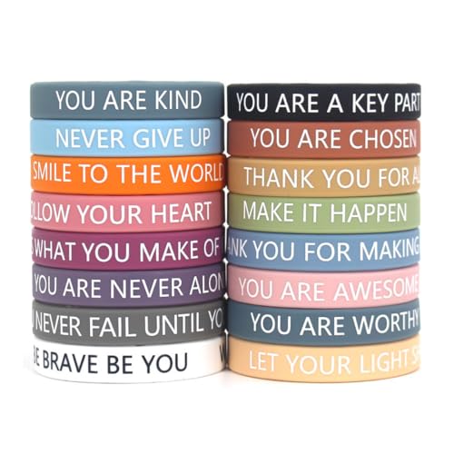 OUDQFCJ 16 Stück Kinder Motivationsarmbänder Silikon Armbänder mit Positiven Sprüchen Mutmacher Geschenk Motivierende Gummiarmbänder Kindergeburtstag Mitgebsel für Teenager Kollegen Mitarbeiter von OUDQFCJ