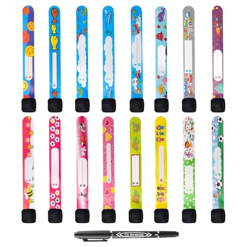 OUDQFCJ 16 Stück SOS Notfall-Armband für Kinder, Wasserdichtes Wiederverwendbares ID Namensarmband mit 1 Marker Stift (für Jungen, Mädchen & Kleinkind Baby) von OUDQFCJ