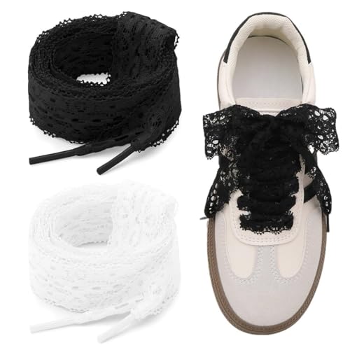 OUDQFCJ 2 Paar Spitzen Schnürsenkel für Damen Mädchen Dekorative Blumen Spitze Flach in Schwarz Weiß für Sneaker Stiefel und Dirndl Oktoberfest Schuhe 120cm von OUDQFCJ