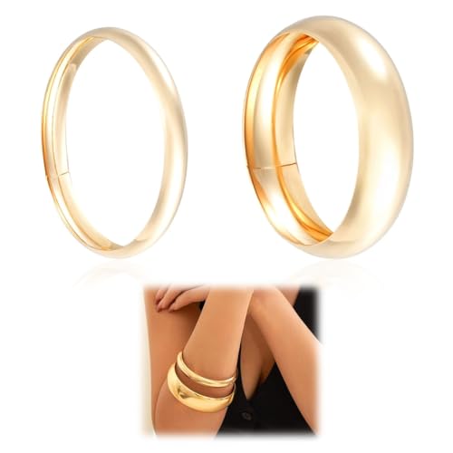 OUDQFCJ 2 Stück Chunky Statement Armreifen für Frauen,Modische Breite Handgelenksarmbänder,Stapel Mode Schmuck Geschenk (Gold) von OUDQFCJ
