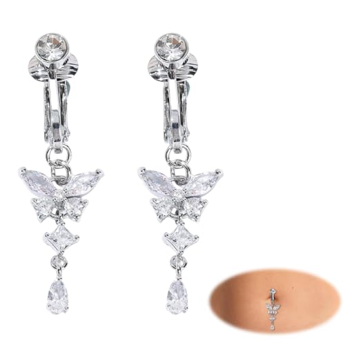 OUDQFCJ 2 Stück Fake Bauchnabelpiercing, Clip Chirurgenstahl CZ Herz Kristallkugel Anhänger, Schmetterling Lang für Damen Frauen (Silver) von OUDQFCJ