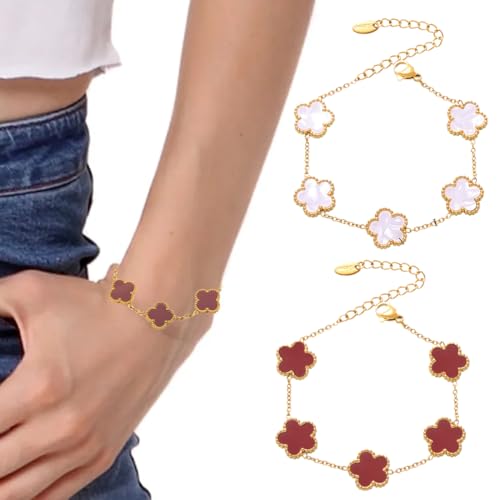 OUDQFCJ 2 Stück Kleeblatt Armband, Einfache Design Stil, Lucky Kleeblatt Schmuck, Modische Exquisite Freundschaft Armband, Glücksschmuck für Damen und Mädchen (Weiß + Rot) von OUDQFCJ