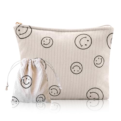 OUDQFCJ 2 Stück Kosmetiktasche, Tragbare Make Up Tasche mit Niedlich Lächeln Gesicht, Kordsamt Außen & Verbessertes Segeltuchmaterial Innen, für Reisen Kinder Mädchen Damen Beige von OUDQFCJ