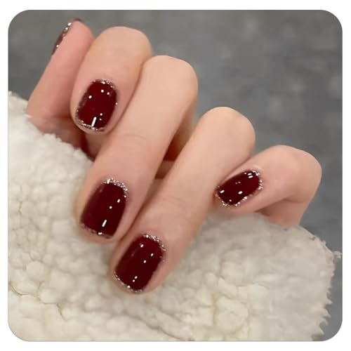 OUDQFCJ 24 Stück Nägel zum Aufkleben Kurze - Glänzend Reine Farbe Press on Nails - Fingernägel zum Aufkleben Acryl Full Cover Künstliche Nägel für Frauen Mädchen Nail Art Maniküre (Dunkelrot) von OUDQFCJ