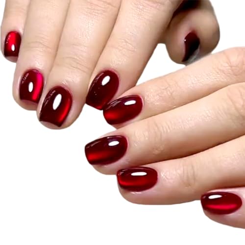OUDQFCJ 24 Stück Weinrot Press on Nails Kurz, Eckig Nägel Zum Aufkleben Cat Eye Glänzend Künstliche Nägel, Selbstklebende French Fake Nails Full Cover Kunstnägel für Frauen & Mädchen von OUDQFCJ