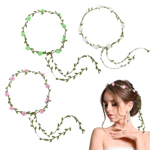 OUDQFCJ 3 Pcs Blumenkranz Blumenkrone Boho Haarband Braut Stirnband mit Blättern Hochzeit Party Kommunion Geburtstag Kopfschmuck (Weiß,Rosa) von OUDQFCJ