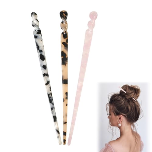 OUDQFCJ 3 Stück Chinesische Haarnadeln – Retro Leopardenmuster Acetat Haarstäbchen, Schildpatt-Optik für Frauen & Mädchen von OUDQFCJ