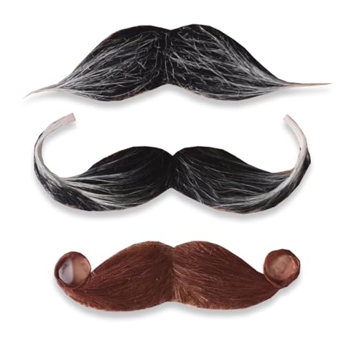 OUDQFCJ 3-Stück Schnurrbart zum Ankleben,Schnauzer zum Ankleben,Fake Bart,Fake Mustache,Falscher Bart Kostüm,Schnurbart Kleben Selbstklebend,Moustache Herrenm Verkleidung,Detektiv Barts von OUDQFCJ