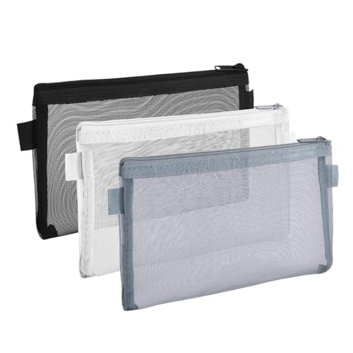 OUDQFCJ 3 Stück Transparente Nylon-Netzstoff Federmäppchen, Zip Mesh Reißverschluss Beutel, Tragbares Schreibwarenetui für Schule, Bürobedarf, Kosmetik, Aufbewahrungsbeutel (Transparent) von OUDQFCJ