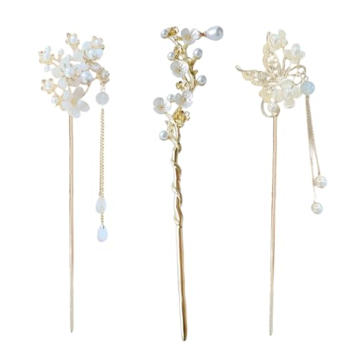 OUDQFCJ 3 Stück Vintage Blumen Haarschmuck Perlen Haarstab Holz Chinesische Haarnadel Blume Haarstock für Mädchen Frauen Haar Zubehör von OUDQFCJ