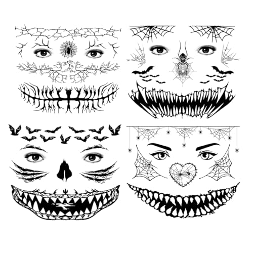 OUDQFCJ 4 PCS Temporäre Tattoos Mund Aufkleber Zombie Skelett Vampir Kostüm Requisiten, Halloween Gesichtstattoo Damen Schminke Accessoires, Horror Cosplay Halloween Deko Party Set von OUDQFCJ