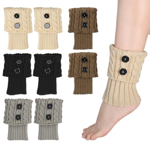 OUDQFCJ 4 Paar Beinstulpen Damen kurz gestrickt Stiefelstulpen mit Zopfmuster und Knöpfen Warme Trachtenstulpen für Herbst Winter Stiefeletten von OUDQFCJ