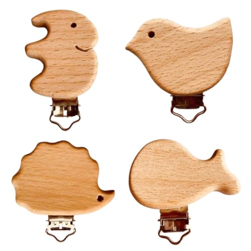 OUDQFCJ 4 Pcs Tier Schnullerclip Holzclip Für Verschluss Baby Clip Metall Tiere Holz Halter Schnullerketten Clips Säugling Zubehör Natur von OUDQFCJ