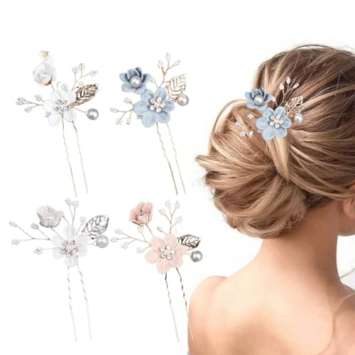 OUDQFCJ 4 Stück Hochzeit Haarnadeln, Blumen Perlen Braut Haarschmuck Silber Brautschmuck Haare U-förmig Hochzeit Haarspangen für Frauen Mädchen von OUDQFCJ