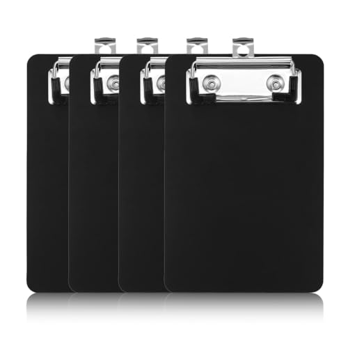 OUDQFCJ 4 Stück Mini Kunststoff-Klemmbrett mit Stifthalter für Notizblöcke Quittungen Taschenlisten 10 x 15cm Schwarz A6 von OUDQFCJ