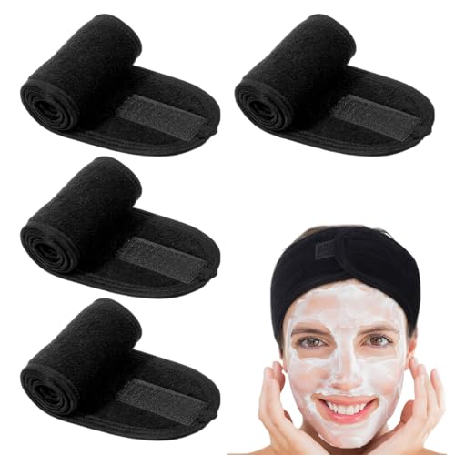 OUDQFCJ 4Stk Kosmetik Haarband mit Klettverschluss, SPA Kosmetik Stirnband Frottee Haarschutzband für Duschen, Make Up und Kosmetik (schwarz) von OUDQFCJ