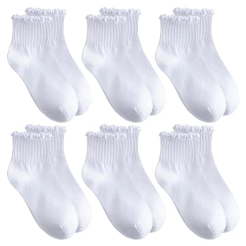 OUDQFCJ 6 Paar Rüschen Socken Damen Weiß Süße Söckchen mit Rüschen für Mädchen Atmungsaktive Baumwolle Knöchelsocken von OUDQFCJ
