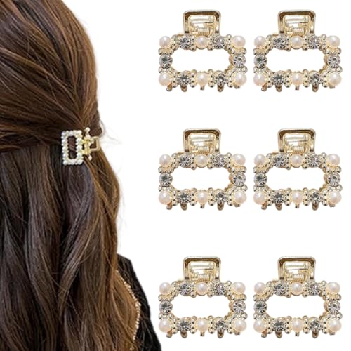 OUDQFCJ 6 Stück Haarklammer Klein, Metall Mini Haarklammern, Kristalle Und Perlen Haarspangen, Rutschfeste Haarspange, Haarschmuck Für Damen Und Mädchen (Gold) von OUDQFCJ