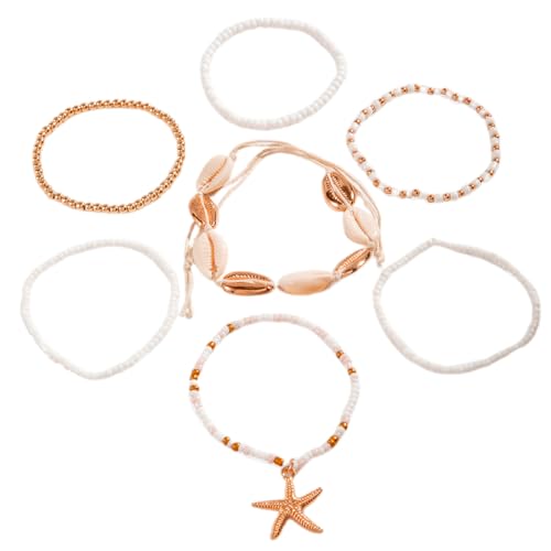 OUDQFCJ 7 Stück Muschel-Armbänder für Frauen, Boho-Mehrschicht-Perlenarmbänder, Muschel-Armbänder, Seestern-Armbänder, Sommer-Strand-Armbänder, Schmuckzubehör für Mädchen Frauen von OUDQFCJ