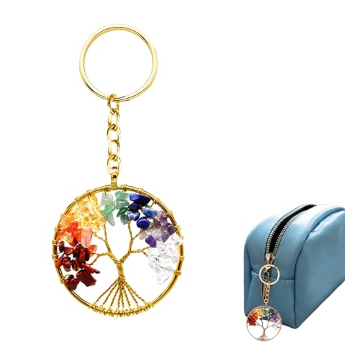 OUDQFCJ Baum des Lebens Schlüsselanhänger, Runde 7 Chakra Heilung Kristall Lebensbaum Schlüsselanhänger Edelstein Glück Anhänger Schlüsselanhänger Damen mit einer Karte von OUDQFCJ