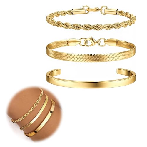 OUDQFCJ Finrezio 3 Stück Verstellbare Stapelarmbänder Damen Set,14 Karat Vergoldet Edelstahl Figaro Perlen Ketten Armbänder,Wasserdichter Schmuck (Gold) von OUDQFCJ