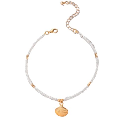 OUDQFCJ Fußkette Damen Gold Muschel Fußkettchen mit Perlen Jakobsmuschel Anhänger Handmade Boho Schmuck für Frauen von OUDQFCJ
