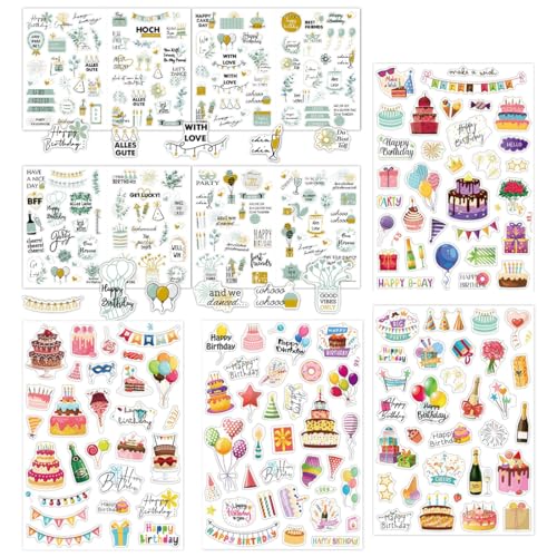 OUDQFCJ Geburtstag Sticker Aufkleber Set 8 Bögen viele Motive für Fotoalbum Gästebuch Party Deko Kinder Erwachsene von OUDQFCJ