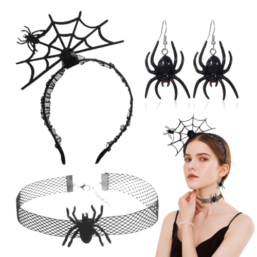 OUDQFCJ Haarreif Fasching Damen, Halsketten Spinnen Haarschmuck Frauen, Spinnenohrringe, Karneval Kostüm Accessoire für Karneval Party Kinder Erwachsene Schminke Fasching Cosplay von OUDQFCJ