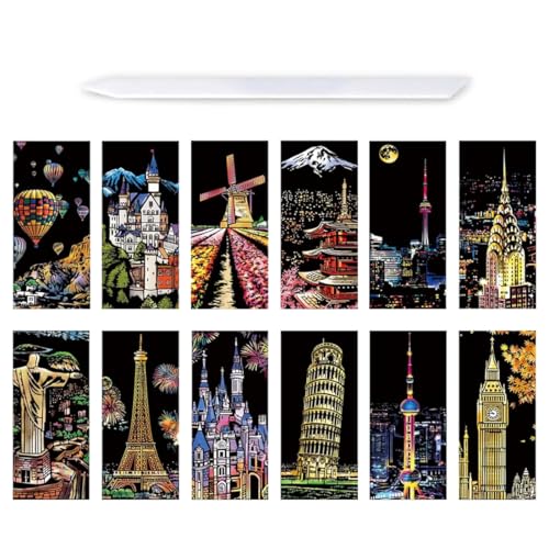 OUDQFCJ Kratzbilder für Kinder 12 Blätter Urban Scratch Paper Magic Scratch Art Papier und Stift Set Schwarzes Scratch Art Papier Kratzpapier für DIY Crafts Home Decor Art Project Games von OUDQFCJ