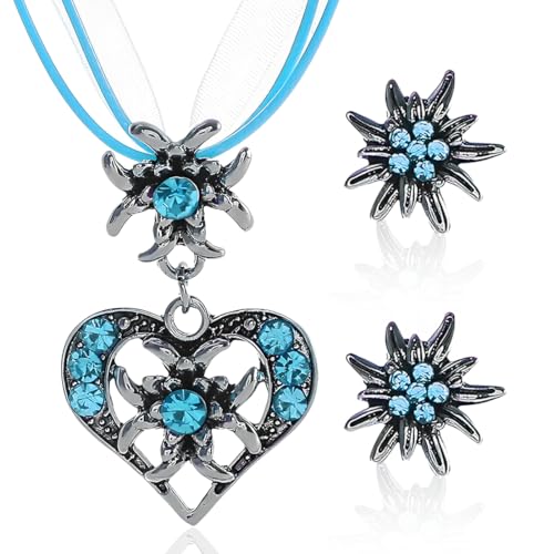 OUDQFCJ Trachtenschmuck Set Damen Dirndl Kette mit Edelweiß Herz Anhänger und Ohrstecker Schmuck als Oktoberfest Accessoires für Dirndl Outfit in Hellblau von OUDQFCJ