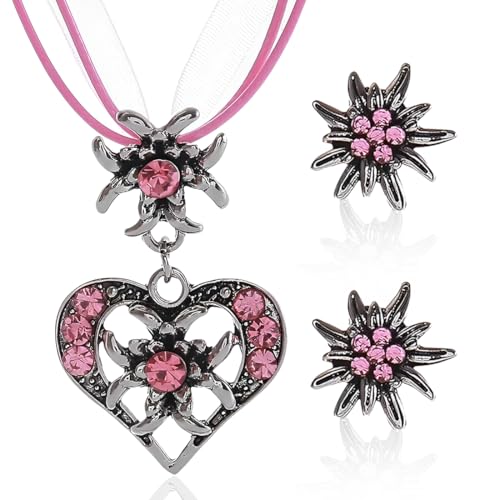 OUDQFCJ Trachtenschmuck Set Damen Dirndlschmuck mit Edelweiß Herz Anhänger und Ohrringe Rosa Kette als Oktoberfest Accessoires für Dirndl Outfit von OUDQFCJ