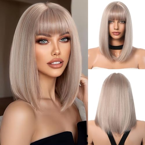 OUFEI Aschblond Bob Perücke mit Pony Kurz Gerade Perücke für Frauen Synthetisches Haar Perücken Cosplay Täglich Party Gebrauch von OUFEI