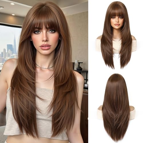 OUFEI Braun Perücken für Frauen Lange Perücke mit Pony Natürliche Gerade Perücken Synthetisches Haar Hitzebeständige Perücken für Tägliche Party Cosplay Tragen von OUFEI