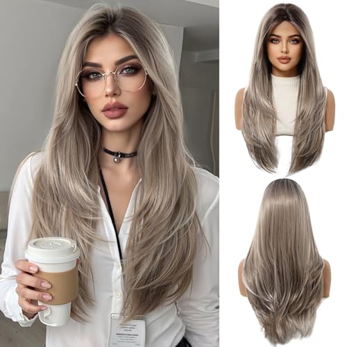 OUFEI Esche Blonde Perücken für Frauen mit Pony Lange Natürliche Gerade Synthetische Haare Hitzebeständige Perücken für Tägliche Party Cosplay Wear von OUFEI
