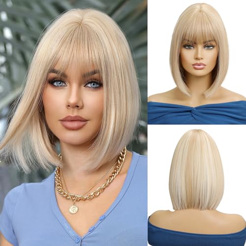 OUFEI Blonde Bob Perücke mit Pony - Synthetisches Haar - Perücken für Frauen - Täglicher & Party Cosplay - Mittelgröße von OUFEI