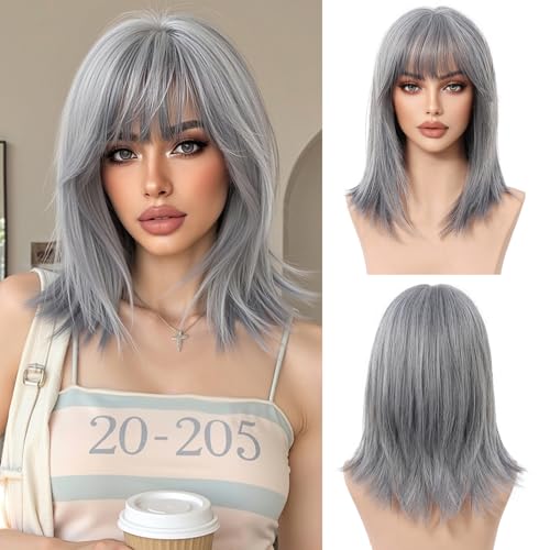 OUFEI Grau Weiß Bob Perücken für Frauen mit Pony Kurze Natürliche Gerade Synthetische Haare Hitzebeständig Perücken für Tägliche Party Cosplay Tragen von OUFEI