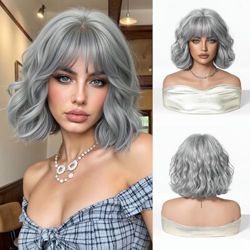 OUFEI Graue weiße Bob Perücken für Frauen Kurze Gewellte Perücke mit Pony Natürliche Synthetische Haare Hitzebeständige Perücken für Den Alltag Partys und Cosplay von OUFEI