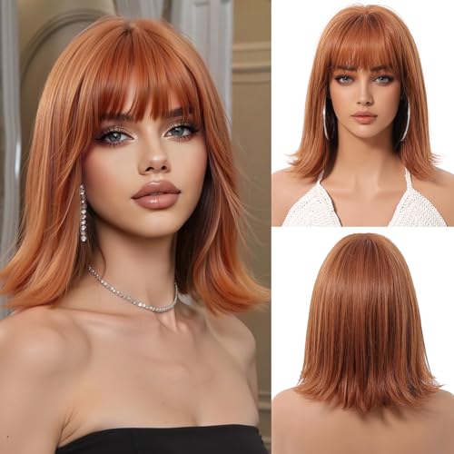 OUFEI Ingwer Perücke mit Pony Kurzen Bob Gerade Perücke Damen Synthetisches Haar Perücken für Tägliche Party Cosplay Tragen von OUFEI