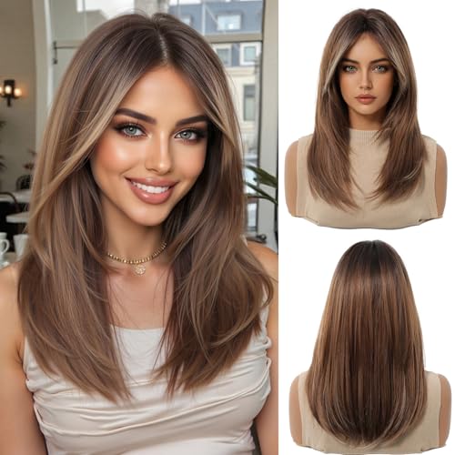 OUFEI Ingwer Perücken für Frauen Mittellange lange gerade Perücke mit Vorhang Pony Synthetisches Haar Hitzebeständige Perücken für jeden Tag Party Cosplay Wear von OUFEI