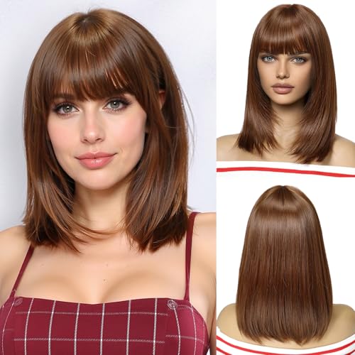 OUFEI Kupferbraun Perücke mit Pony Kurz Gerade Perücke für Frauen Synthetisches Haar Perücken Cosplay Täglich Party Gebrauch von OUFEI