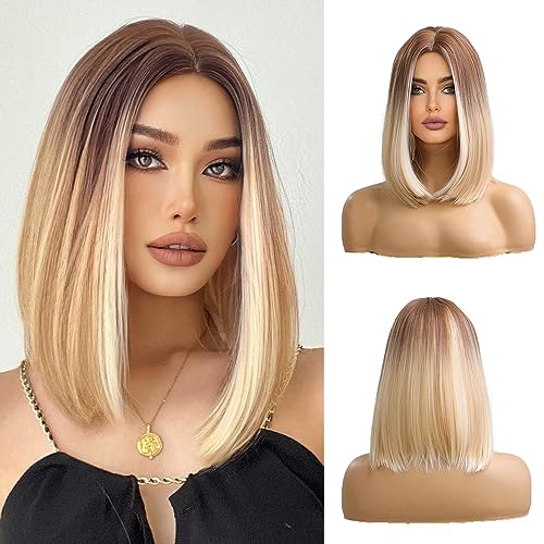 OUFEI Kurze Gerade Blonde Bob Perücke für Frauen Natürliches Synthetisches Haar Ombre Perücken mit Braunen Wurzeln Cosplay Täglichen Party Gebrauch von OUFEI