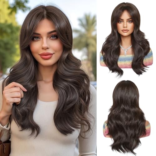 OUFEI Lange Dunkelbraune Perücke mit Vorhang Pony Natürliche Wellige Perücken für Frauen Natürliche Synthetische Haare Hitzebeständige Perücken für Tägliche Party Cosplay Tragen OUFEI Lange Dunkelbraune Perücke mit Vorhang Pony Natürliche Wellige Perücken für Frauen Natürliche Synthetische Haare Hitzebeständige Perücken für Tägliche Party Cosplay Tragen von OUFEI