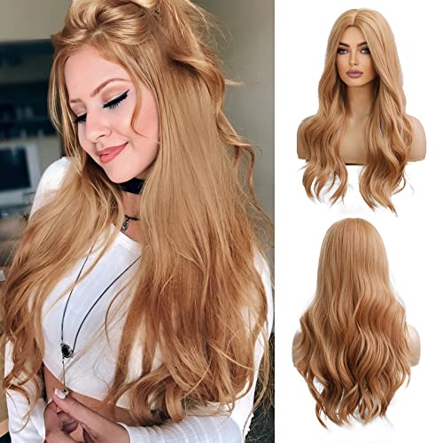 OUFEI Lange Gewellt Erdbeere Blonde Perücken für Frauen Natürliche Synthetische Haare Hitzebeständig Perücken für Tägliche Party Cosplay Tragen-24 Zoll von OUFEI