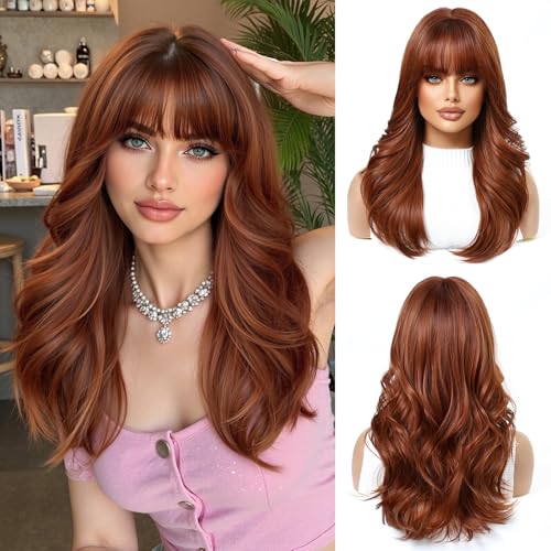 OUFEI Lange Gewellte Ombre Auburn Perücken für Frauen mit Pony Natürliche Hitzebeständige Perücken aus Kunsthaar für Den Alltag Partys und Cosplay von OUFEI