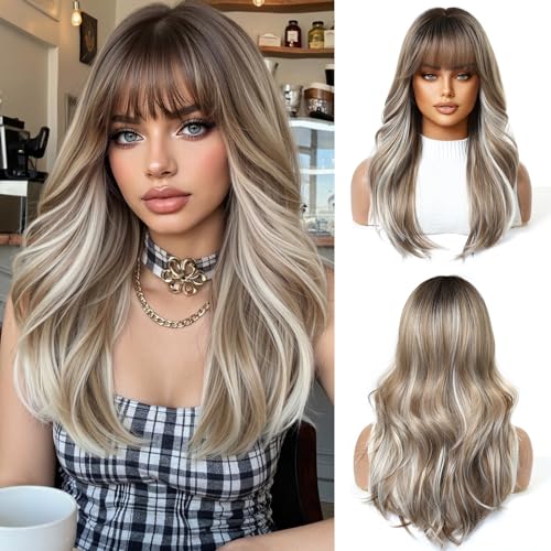 OUFEI Lange Gewellte Ombre-Perücken in Blond für Frauen mit Pony, natürliches Kunsthaar, hitzebeständige Perücken für den Alltag, Partys und Cosplay von OUFEI