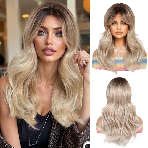 OUFEI Lange Ombre Asche Blonde Perücke mit Vorhang Pony Natürliche Gewellte Perücken für Frauen Natürliche Synthetische Haare Hitzebeständige Perücken für Tägliche Party Cosplay Tragen von OUFEI