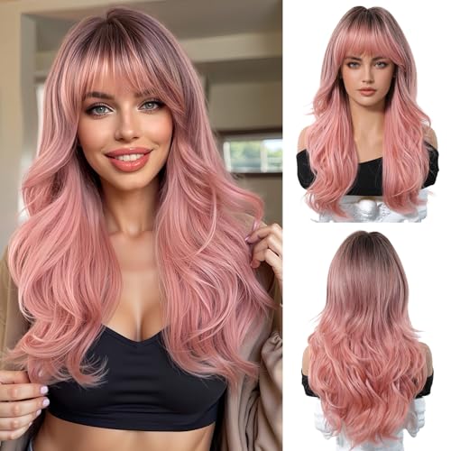 OUFEI Lange Ombre Rosa Perücke mit Vorhang Pony Natürliche Gewellte Perücken für Frauen Natürliches Synthetisches Haar Hitzebeständige Perücken für Tägliche Party Cosplay Tragen OUFEI Lange Ombre Rosa Perücke mit Vorhang Pony Natürliche Gewellte Perücken für Frauen Natürliches Synthetisches Haar Hitzebeständige Perücken für Tägliche Party Cosplay Tragen von OUFEI