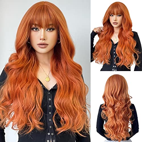 OUFEI Lang Gewellt Orange Perücken mit Pony für Frauen Natürliche Synthetische Haare Hitzebeständig Halloween Perücken für Tägliche Party Cosplay Tragen-28 Zoll von OUFEI