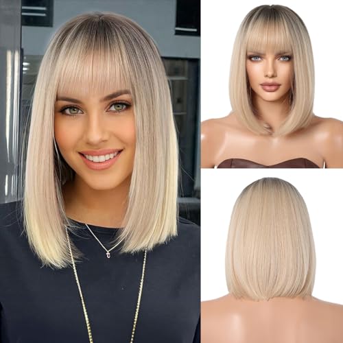 OUFEI Ombre Blonde Bob Perücke mit Pony Kurze gerade Perücke für Frauen Synthetisches Haar Perücken für tägliche Party Cosplay tragen von OUFEI