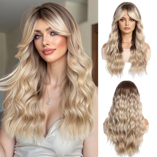 OUFEI Ombre Blonde Lange Gewellte Perücke für Frauen mit Vorhang Pony Natürlich Lockiges Synthetisches Haar Hitzebeständig Perücken für Tägliche Party Cosplay Tragen von OUFEI